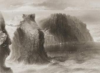 Carrick-a-Rede Rope Bridge, County Antrim, Northern Ireland, from 'Scenery and Antiquities of Ireland' by George Virtue, 1860s (engraving) | Obraz na stenu