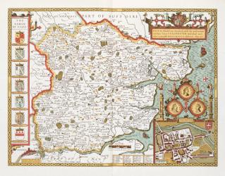 Essex, engraved by Jodocus Hondius (1563-1612) from John Speed's Theatre of the Empire of Great Britain, pub. by John Sudbury and George Humble, 1611-12 (hand coloured copper engraving) | Obraz na stenu