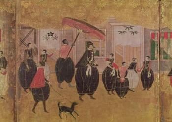St. Francis Xavier (1506-51) and his entourage, detail of the right-hand section of a folding screen depicting the arrival of the Portuguese in Japan, Kano School (lacquer) | Obraz na stenu