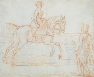A lady riding side-saddle turns to look at a dismounted rider (graphite & red chalk) | Obraz na stenu