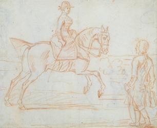 A lady riding side-saddle turns to look at a dismounted rider (graphite & red chalk) | Obraz na stenu