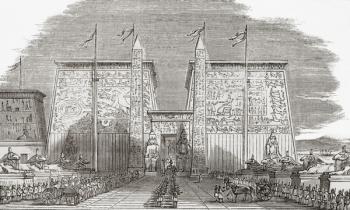Illustration suggesting how the Propylon or Gate of the Temple of Luxor, Egypt would have looked in its day. From The Imperial Bible Dictionary, published 1889. | Obraz na stenu