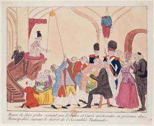 Caricature of the way to make aristocratic bishops and priests swear the oath for the Civil Constitution on the Church, late 18th century (pen & ink and w/c on paper) | Obraz na stenu