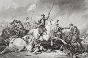 Cromwell leading a charge after being wounded in his right arm at the Battle of Marston Moor, July 2nd 1644, from 'Illustrations of English and Scottish History' Volume I (engraving) | Obraz na stenu