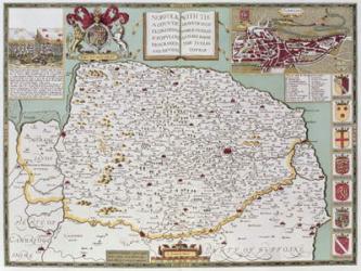 Norfolk, engraved by Jodocus Hondius (1563-1612) from John Speed's 'Theatre of the Empire of Great Britain', pub. by John Sudbury and George Humble, 1611-12 (hand coloured copper engraving) | Obraz na stenu