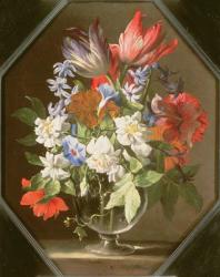 A Vase of Flowers on a Stone Ledge Containing Tulips, Chrysanthemums, Dahlias and Narcissi, 17th century | Obraz na stenu