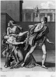 Phaedra, Oenone and Hippolytus, illustration from Act II Scene 5 of 'Phedre' by Jean Racine (1639-99) engraved by Raphael Urbain Massard (1775-1843) 1824 (engraving) (b/w photo) | Obraz na stenu