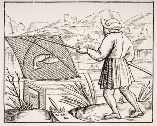 The Pond Fisherman, after a woodcut in 'Cosmographie Universelle' 1549, from 'Le Moyen Age et La Renaissance' by Paul Lacroix (1806-84) published 1847 (litho) | Obraz na stenu