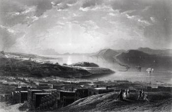 Golden Gate, from Telegraph Hill, from 'Picturesque America', by William Cullen Bryant, engraved by Edward Paxman Brandard (1819-98) c.1873 (engraving) (b&w photo) | Obraz na stenu