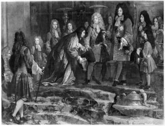 The Doge of Genoa offering his apologies to Louis XIV (1638-1715) the 15th May 1685, 1715 (detail) (oil on canvas) (b/w photo) | Obraz na stenu