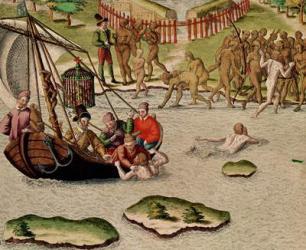 The French Vessel Lands and an Unsuccessful Attempt is Made to Exchange Prisoners, from 'Americae Tertia Pars...', 1592 (coloured engraving) | Obraz na stenu