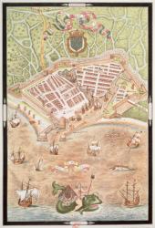 Fascimile of a Plan of Le Havre in 1583, from 'Les Premiers Oeuvres de Jacques Devaulx Pillote en la Marine' (colour litho) | Obraz na stenu