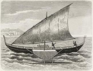 Boat of the Mortlock Islands, with outrigger and sail of rush-matting, from 'The History of Mankind', Vol.1, by Prof. Friedrich Ratzel, 1896 (engraving) | Obraz na stenu
