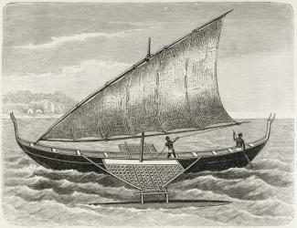 Boat of the Mortlock Islands, with outrigger and sail of rush-matting, from 'The History of Mankind', Vol.1, by Prof. Friedrich Ratzel, 1896 (engraving) | Obraz na stenu