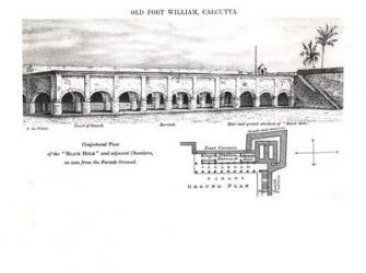Old Fort William, Calcutta, with a Conjectural View of the 'Black Hole' and Adjacent Chambers as seen from the Parade Ground (litho) (b&w photo) | Obraz na stenu