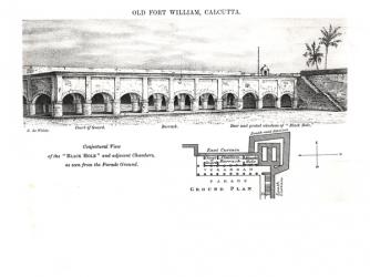 Old Fort William, Calcutta, with a Conjectural View of the 'Black Hole' and Adjacent Chambers as seen from the Parade Ground (litho) (b&w photo) | Obraz na stenu