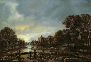 Moonlit River Landscape with Cottages on the Wooded Banks (oil on canvas) | Obraz na stenu
