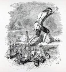 Gulliver stealing the Blefuscudian fleet, illustration from 'Gullivers Travels' by Jonathan Swift, 1838 (engraving) | Obraz na stenu