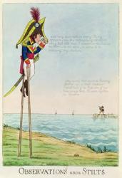 Observations Upon Stilts, caricature of Napoleon standing on stilts observing Pitt and England across the Channel (coloured engraving) | Obraz na stenu
