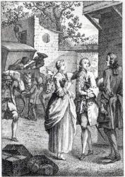 Meeting of Chevalier Des Greux and Manon, scene from 'Manon Lescaut' by Antoine Francois Prevost d'Exiles (1697-1763) (engraving) (b/w photo) | Obraz na stenu