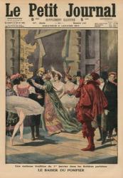 An odd tradition of the 1st January in the Parisian theatres, the 'Fireman Kiss', front cover illustration from 'Le Petit Journal', supplement illustre, 4th January 1914 (colour litho) | Obraz na stenu