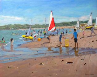 Cricket and red and white sail,Abersoch, 2011, (oil on canvas) | Obraz na stenu