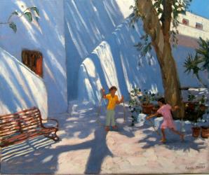 Two girls skipping, Mykonos (oil on canvas) | Obraz na stenu