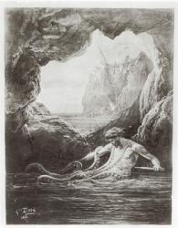 Gilliatt struggles with the giant octopus, illustration from 'Les Travailleurs de la Mer' by Victor Hugo (1802-85) 1866 (litho) (b/w photo) | Obraz na stenu