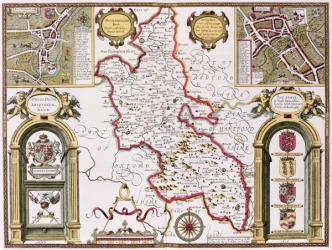 Buckinghamshire, engraved by Jodocus Hondius (1563-1612) from John Speed's 'Theatre of the Empire of Great Britain', pub. by John Sudbury and George Humble, 1611-12 (hand coloured copper engraving) | Obraz na stenu