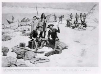 Lewis and Clark at the mouth of the Columbia River, 1805, from 'Collier's Magazine', May 12th 1906 (engraving) (b&w photo) | Obraz na stenu