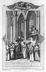 Dr. Thomas Cranmer (1489-1556) Archbishop of Canterbury Pulled Down from the Stage by Friars and Papists for the True Confession of his Faith in St. Mary's Church, Oxford and Led Immediately to the Stake (engraving) (b/w photo) | Obraz na stenu