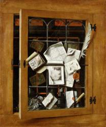 A trompe l'oeil of an open glazed cupboard door, with numerous papers and objects, 1666 (oil on canvas) | Obraz na stenu