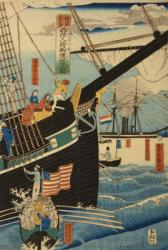 Western traders at Yokohama transporting cargo and passengers, 1861 (woodcut) | Obraz na stenu