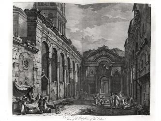 View of the peristyle of the palace of Diocletian (245-313), Roman Emperor 284-305, at Split on the Dalmatian coast, engraved by P. Santini, 1768 (engraving) | Obraz na stenu