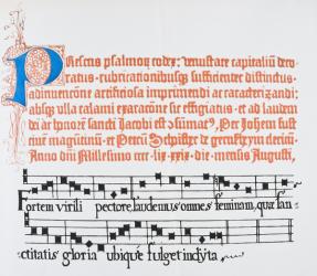 Facsimile of a page with illuminated capital 'P' from the 1459 edition of Fust and Schoiffer's Latin psalter, from 'The National and Domestic History of England' by William Hickman Smith Aubrey (1858-1916) published London, c.1890 (colour litho) (see 3299 | Obraz na stenu