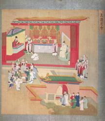Emperor Hui Tsung (r.1100-26) practising with the Buddhist sect Tao-See, from a History of the Emperors of China (colour on silk) | Obraz na stenu