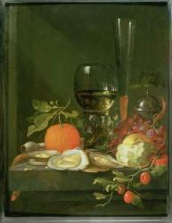 Still Life of Oysters, Grapes, Bread and Glasses on a Ledge (oil on panel) | Obraz na stenu