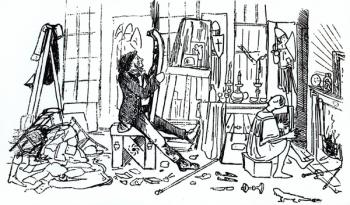 Edward Burne-Jones at work in his studio at 17 Red Lion Square, London, c.1857 (pen & ink) (b/w print) | Obraz na stenu