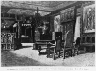 Homes of Victor Hugo, the lounge at Hauteville house in Guernsey, the armchair of the ancestor, engraved by Fortune Louis Meaulle (1844-1901) (engraving) (b/w photo) | Obraz na stenu
