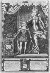 Queen Marie de Medicis and Louis XIII as a child, engraved by Nicolas de Mathoniere (fl.1600-22) 1610 (engraving) (b/w photo) | Obraz na stenu