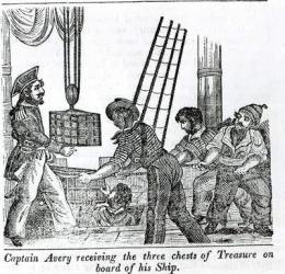 Captain Avery receiving three chests of Treasure on board of his Ship, illustration from 'Book of Pirates' 1837 (engraving) (b/w photo) | Obraz na stenu