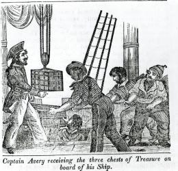 Captain Avery receiving three chests of Treasure on board of his Ship, illustration from 'Book of Pirates' 1837 (engraving) (b/w photo) | Obraz na stenu