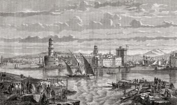 Marseilles during the 18th century, engraved by Pibaraud after Le Breton, from 'Histoire de la Revolution Francaise' by Louis Blanc (1811-82) (engraving) | Obraz na stenu
