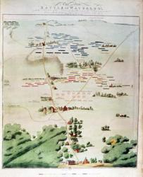 Plan and view of the Battle of Waterloo with the position of the English in red, the Belgians in yellow, the Prussians in green and the French in blue (coloured engraving) | Obraz na stenu