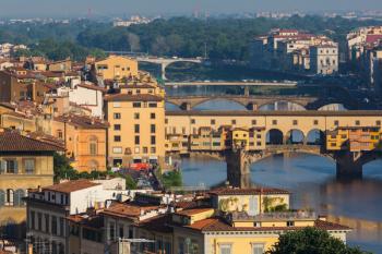 Florence, Tuscany, Italy. View from Piazzale Michelangelo to bridges across Arno river. Ponte Vecchio in foreground. (photo) | Obraz na stenu