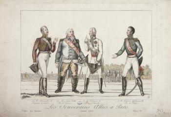 The Allied Sovereigns in Paris, 1815, Alexander I, Emperor of Russia, Louis XVIII, King of France, Francis I, Emperor of Austria and Frederick William III, King of Prussia, published by Martinet, 1815 (coloured engraving) | Obraz na stenu