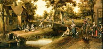 A Village Scene with Peasants on Banks of a Stream | Obraz na stenu