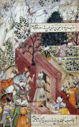 The Mughal Emperor Babur (r.1526-30) about to oversea the laying out of a garden, using lines, from the 'Akbarnama', c.1590 (gouache on parchment) | Obraz na stenu