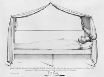 Sketch of Napoleon I (1769-1821) on his deathbed drawn at St. Helena by Capitaine Marryal, engraved by Bordes, 5th May 1821 (litho) (b/w photo) | Obraz na stenu