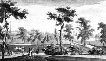 A View from the Grecian Temple to Lord Cobham's Pillar, Stowe House Gardens, engraved by George Bickham, 1753 (engraving) | Obraz na stenu
